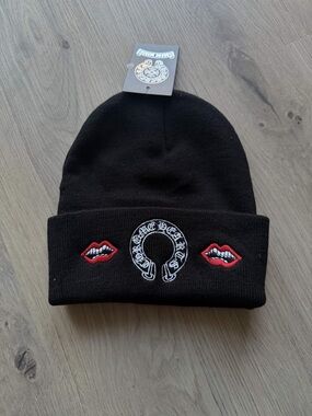 Chrome Hearts Black Beanie with Embroidered Lips and Logo